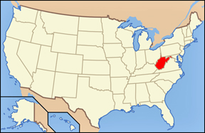 USA map showing location of WV
